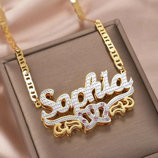 Custom 3D Name Necklace Personalized Birthstone Figaro Cuban Flat Chain Women