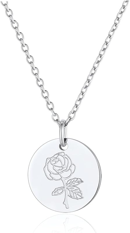 Necklaces for Women with Birthstone Stainless Steel/Gold Plated/Sterling Silver Jan. to Dec. Guardian Month Floral Pendant Custom Engraved Dainty Jewelry + Gift Box