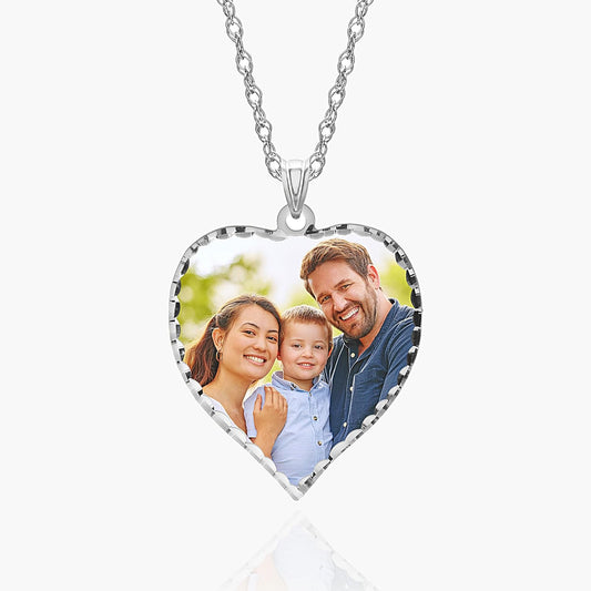 Personalized Photo Engraved Heart Shaped Picture Necklace with Diamond Cut Edge in Silver, Gold, White Gold or Rose Gold - 1 Inch x 1 Inch