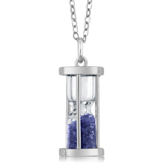 Birthstone dust hourglass pendant necklace, made of 925 sterling silver with 18-inch silver chain.