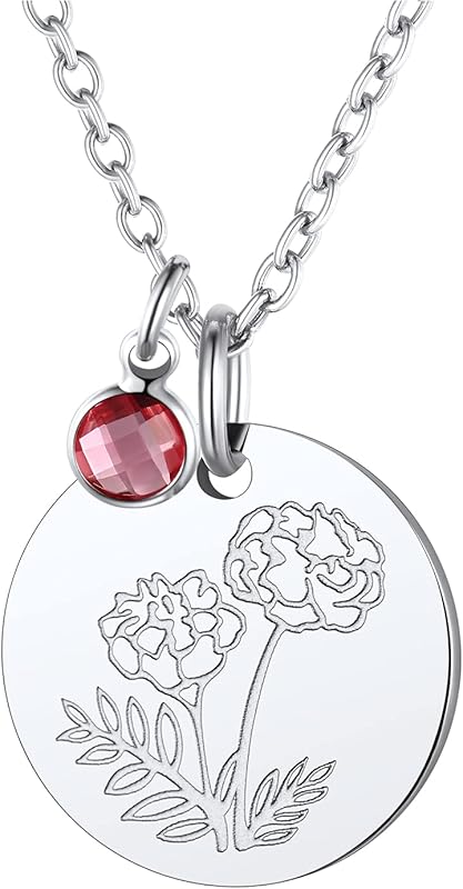 Necklaces for Women with Birthstone Stainless Steel/Gold Plated/Sterling Silver Jan. to Dec. Guardian Month Floral Pendant Custom Engraved Dainty Jewelry + Gift Box