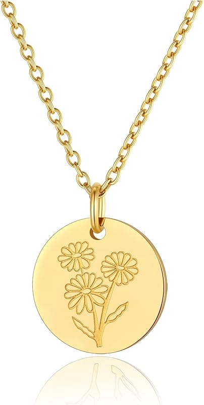 Necklaces for Women with Birthstone Stainless Steel/Gold Plated/Sterling Silver Jan. to Dec. Guardian Month Floral Pendant Custom Engraved Dainty Jewelry + Gift Box