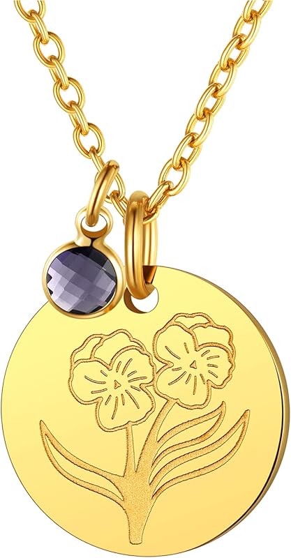 Necklaces for Women with Birthstone Stainless Steel/Gold Plated/Sterling Silver Jan. to Dec. Guardian Month Floral Pendant Custom Engraved Dainty Jewelry + Gift Box
