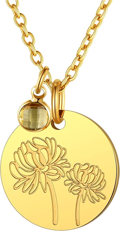 Necklaces for Women with Birthstone Stainless Steel/Gold Plated/Sterling Silver Jan. to Dec. Guardian Month Floral Pendant Custom Engraved Dainty Jewelry + Gift Box