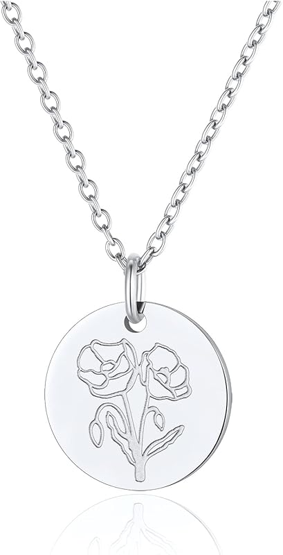 Necklaces for Women with Birthstone Stainless Steel/Gold Plated/Sterling Silver Jan. to Dec. Guardian Month Floral Pendant Custom Engraved Dainty Jewelry + Gift Box