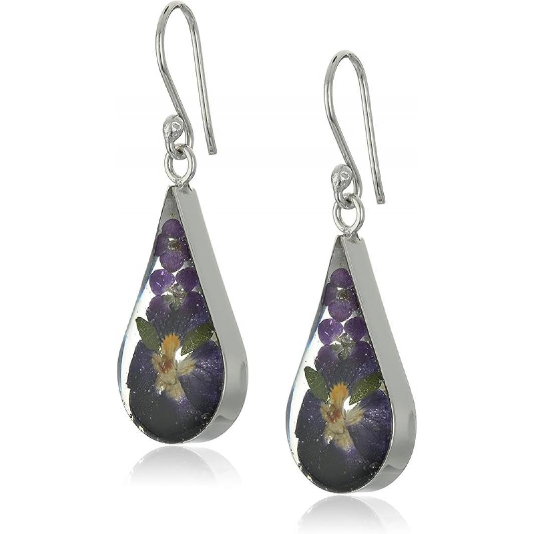 Sterling Silver Pressed Flower Teardrop Earrings