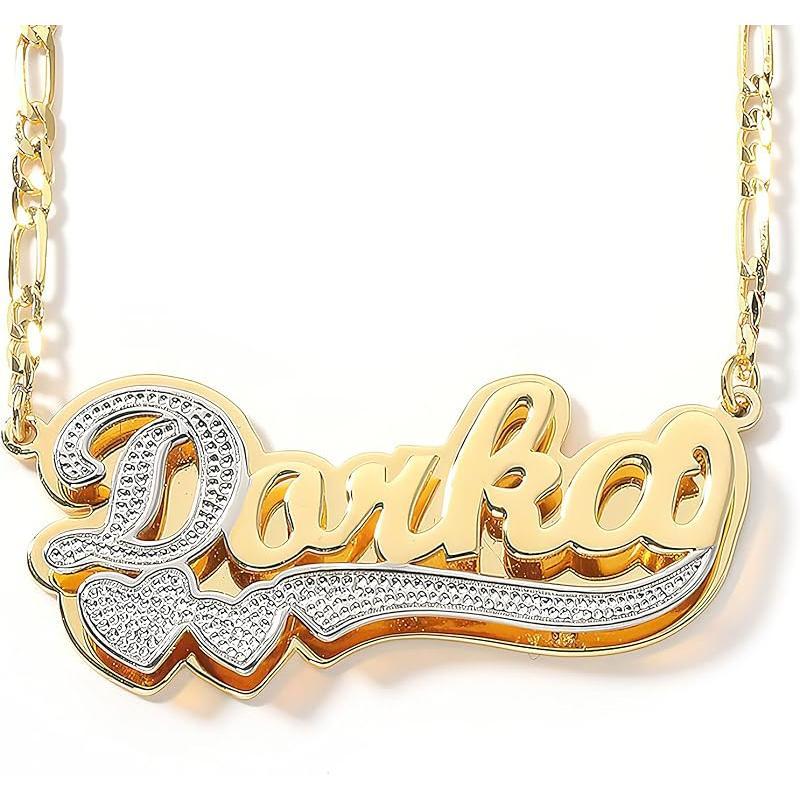 Two Tone Customized Name Necklace Personalized 18K Gold Plate Double Plated Heart Made Letter Nameplate Pendant Necklace Valentine's Jewelry Gifts for Women Men