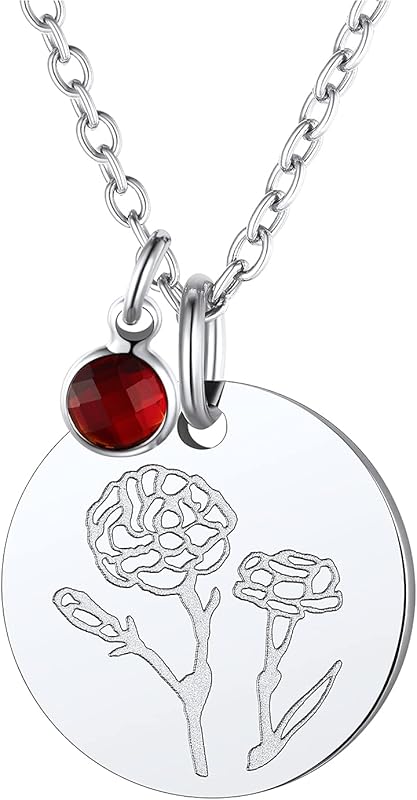 Necklaces for Women with Birthstone Stainless Steel/Gold Plated/Sterling Silver Jan. to Dec. Guardian Month Floral Pendant Custom Engraved Dainty Jewelry + Gift Box