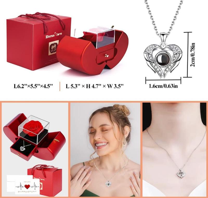 Valentine's Day Forever Rose Set I Love You Necklace 100 Languages, Gift for Wife Girlfriend Mum Lady Her, Plastic, Acrylic