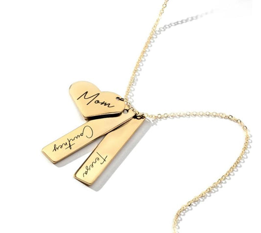 Custom Name Necklace Personalized Engraved Gold Bar Necklace, Kids’ Names, Heart Charm, Mother's Day Gift for Mom, Unique Birthday Jewelry for Women