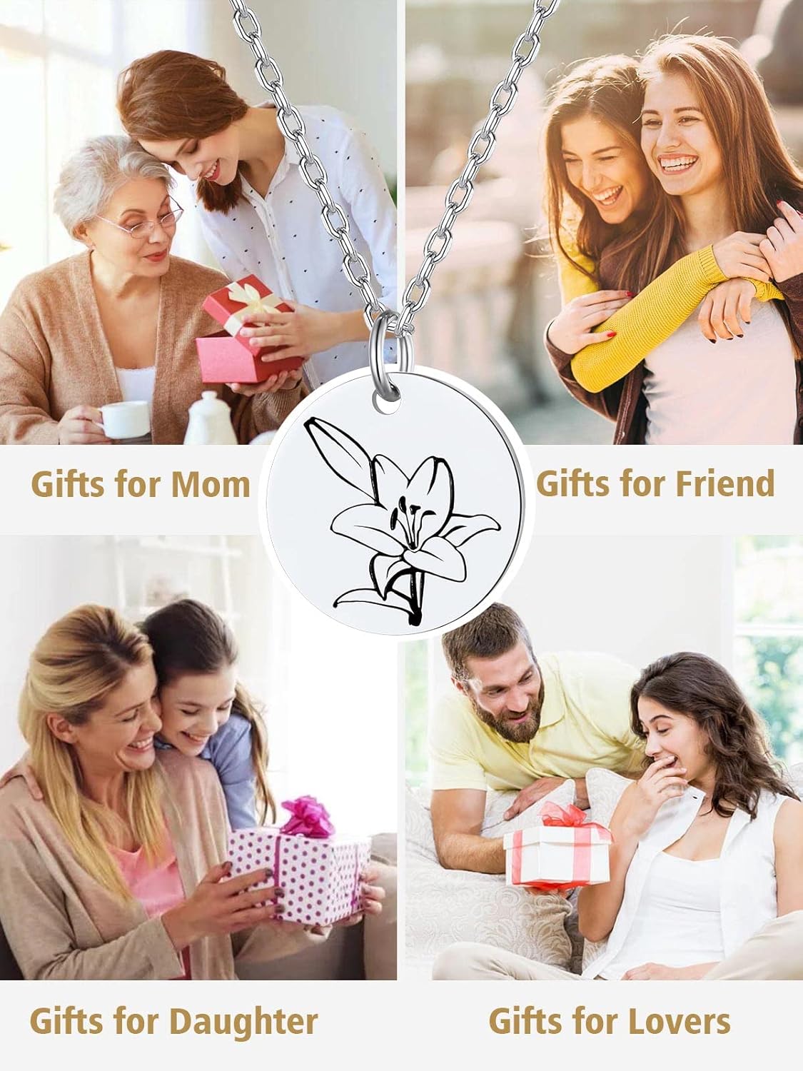 Necklaces for Women with Birthstone Stainless Steel/Gold Plated/Sterling Silver Jan. to Dec. Guardian Month Floral Pendant Custom Engraved Dainty Jewelry + Gift Box