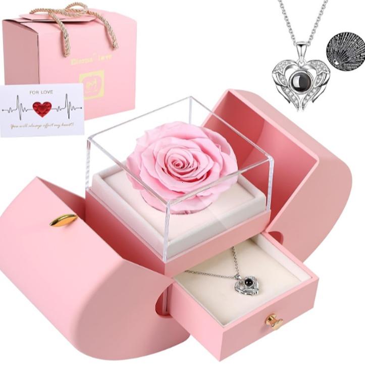 Valentine's Day Forever Rose Set I Love You Necklace 100 Languages, Gift for Wife Girlfriend Mum Lady Her, Plastic, Acrylic