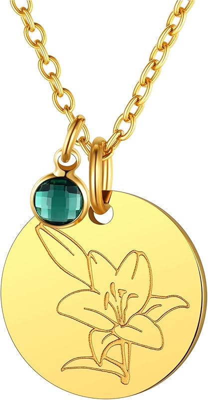 Necklaces for Women with Birthstone Stainless Steel/Gold Plated/Sterling Silver Jan. to Dec. Guardian Month Floral Pendant Custom Engraved Dainty Jewelry + Gift Box