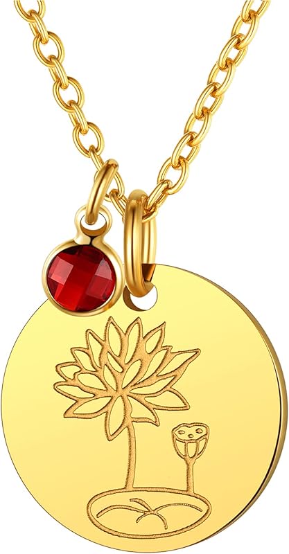 Necklaces for Women with Birthstone Stainless Steel/Gold Plated/Sterling Silver Jan. to Dec. Guardian Month Floral Pendant Custom Engraved Dainty Jewelry + Gift Box