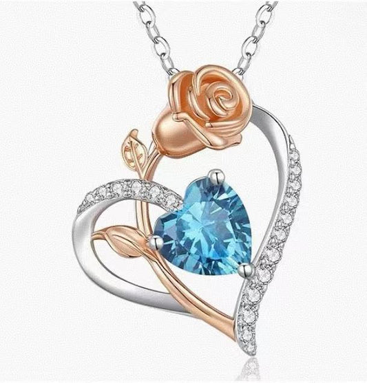 Heart and Rose Pendant Necklace-925 Sterling Silver Jewelry，Adjustable Chain，Give for her in Valentine's Day Gifts ，Mother's Day Presents ，National Day Singapore Jewelry and Birthday Day Gift， Adjustable Chai