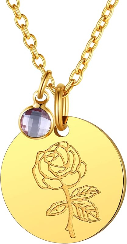 Necklaces for Women with Birthstone Stainless Steel/Gold Plated/Sterling Silver Jan. to Dec. Guardian Month Floral Pendant Custom Engraved Dainty Jewelry + Gift Box