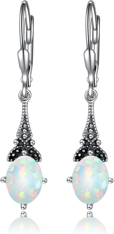 Retro Earrings Female Sterling Silver Retro Pendant Earrings with 8x6mm oval authentic or simulated birthstone crystal from Austria, anniversary jewelry gift for her woman.