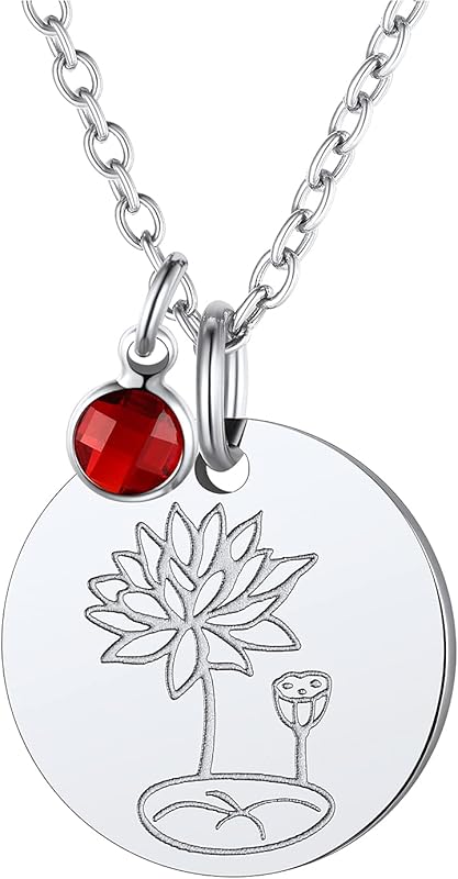 Necklaces for Women with Birthstone Stainless Steel/Gold Plated/Sterling Silver Jan. to Dec. Guardian Month Floral Pendant Custom Engraved Dainty Jewelry + Gift Box