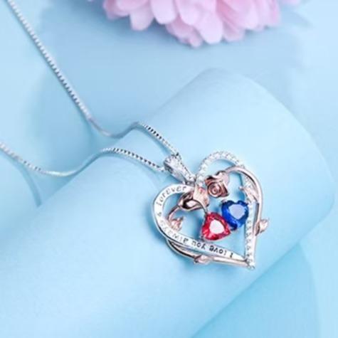 Twin Roses Heart Pendant Necklace – Personalized Two-Stone 925 Silver Jewelry, Elegant & Comfortable Wear, Perfect Romantic Gift for Her