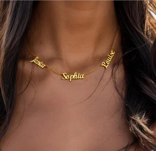 Pure silver or 18K gold handmade personalized name necklace with neck chain family necklace custom children's nameplate necklace Mother's Day jewelry gift for mother and wife (3-name necklace)