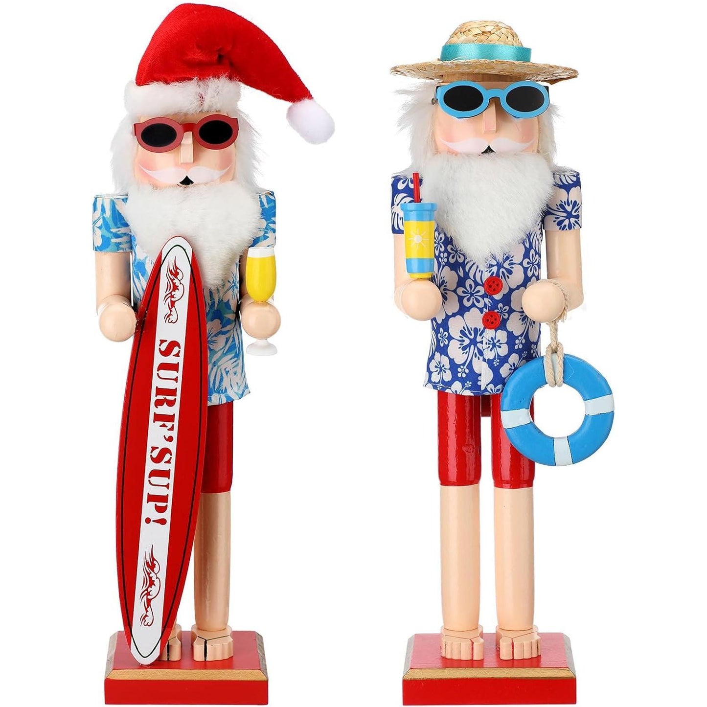 15 Inch Surfer Santa Nutcracker Wooden Summer Hawaii Christmas Nutcracker Figures, Large Beach Xmas Tabletop Centerpieces Festival Shelves Decorations
