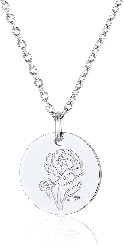 Necklaces for Women with Birthstone Stainless Steel/Gold Plated/Sterling Silver Jan. to Dec. Guardian Month Floral Pendant Custom Engraved Dainty Jewelry + Gift Box