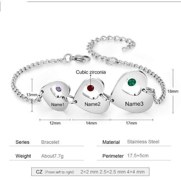 Personalized Custom Name Heart Bracelet with 1-6 Birthstones Love Bracelet for Women Engraved Names Link Bracelets for Mother's Day Mom