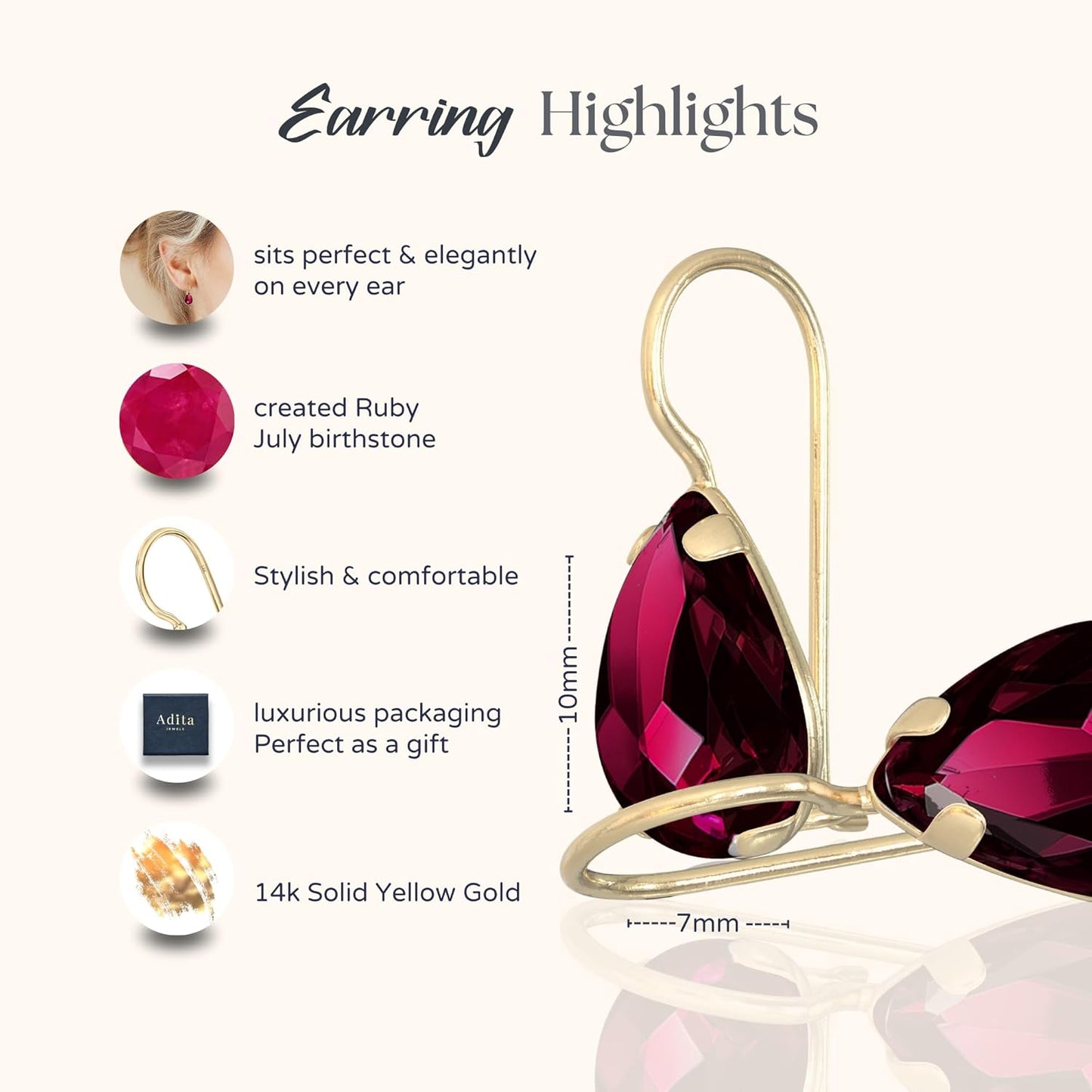 14K Solid Gold Earrings - Ruby Earrings for Women - 14K Gold Earrings for Women - July Birthstone Earrings - Teardrop Earrings for Women - Gold Dangle Earrings - Small Dainty Earrings