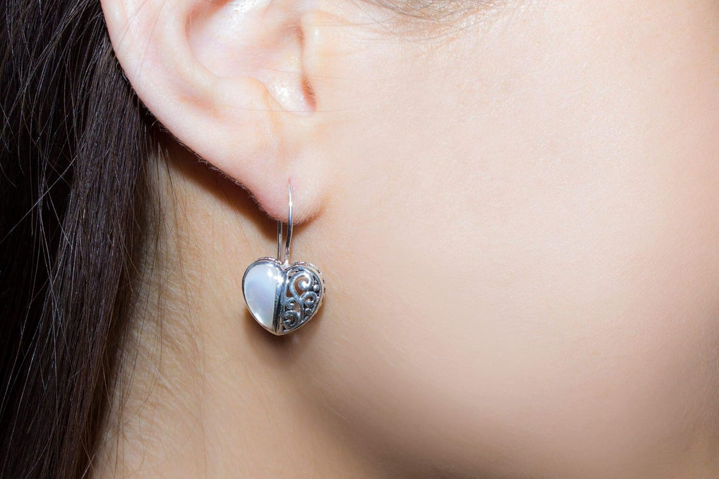 Rhodium Plated Oxidized Sterling Silver Mother of Pearl Filigree Heart Drop Earrings for Women