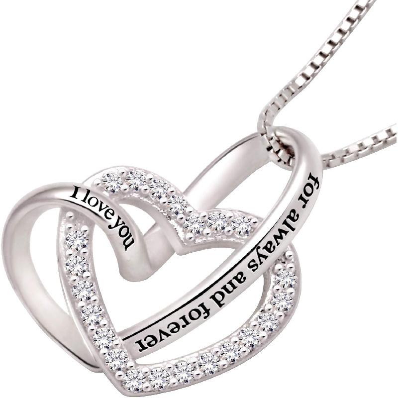 Jewelry Sterling Silver "I love you for always and forever" Love Heart Cubic Zirconia Necklace