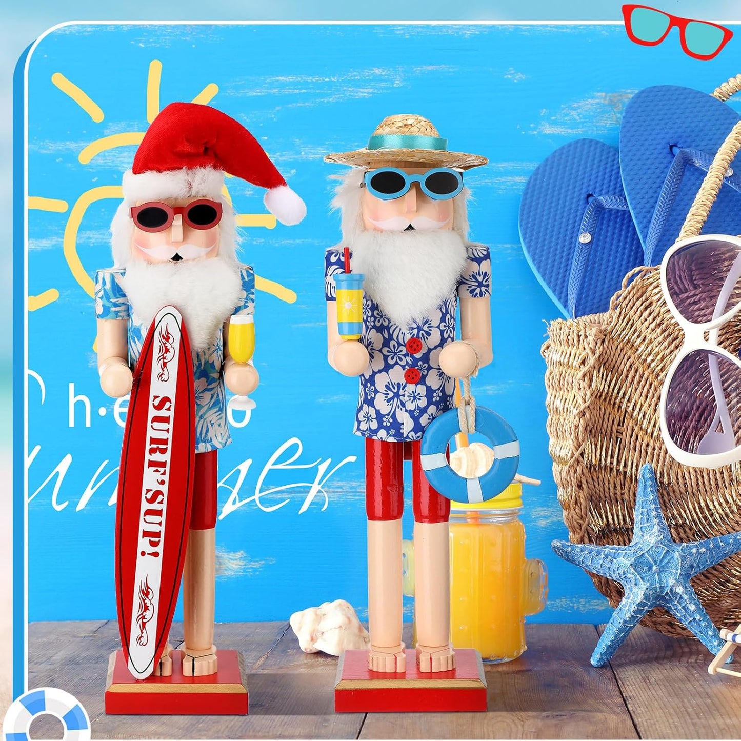 15 Inch Surfer Santa Nutcracker Wooden Summer Hawaii Christmas Nutcracker Figures, Large Beach Xmas Tabletop Centerpieces Festival Shelves Decorations