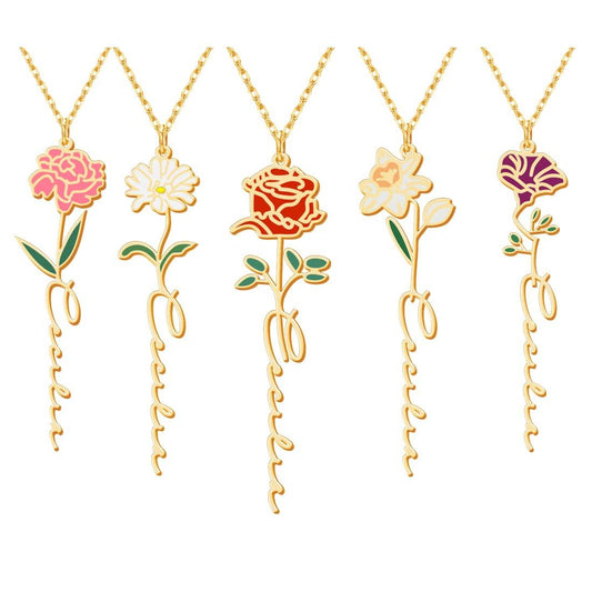 Birth Flower Name Necklace Personalized 18K Gold Plated Birth Month Flower Necklace Dainty Flower Necklace Custom Jewelry Birthday Gift for Women