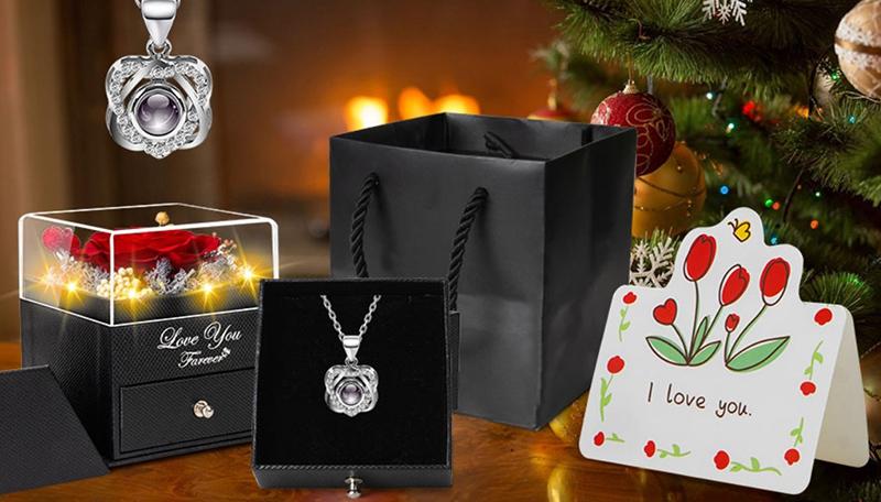 Eternal Red True Rose and Heart I Love You Necklace-Eternal Flower Rose Birthday Gift for Women Her Mother, Wife, Girlfriend Grandma Valentine's Day Mother's Day Christmas Anniversary Romance