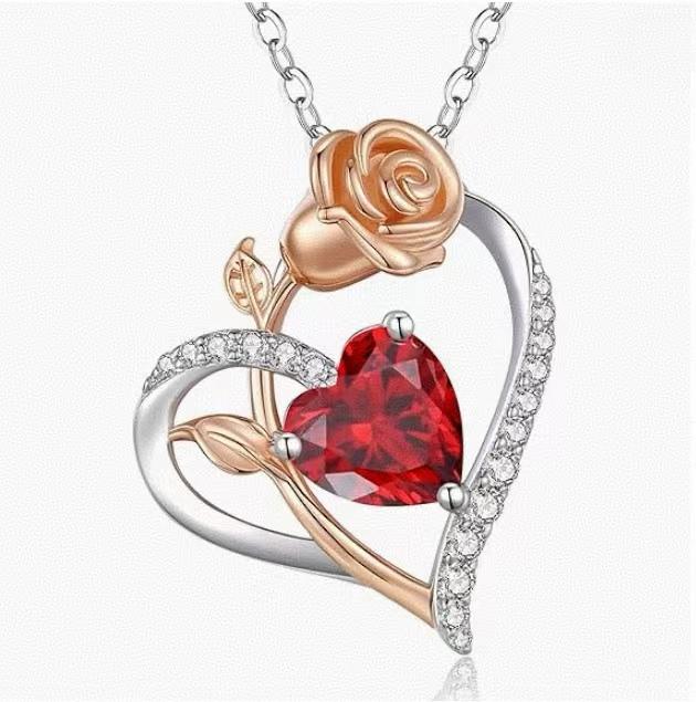 Heart and Rose Pendant Necklace-925 Sterling Silver Jewelry，Adjustable Chain，Give for her in Valentine's Day Gifts ，Mother's Day Presents ，National Day Singapore Jewelry and Birthday Day Gift， Adjustable Chai