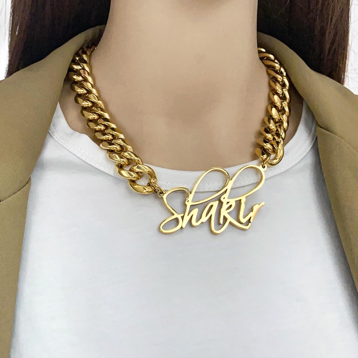 18K Gold Plated Stainless Steel Cuban Link Chain Necklace, Personalized Custom Monogram, High Polish, Waterproof
