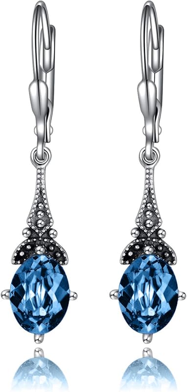 Retro Earrings Female Sterling Silver Retro Pendant Earrings with 8x6mm oval authentic or simulated birthstone crystal from Austria, anniversary jewelry gift for her woman.