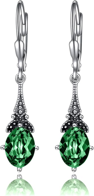 Retro Earrings Female Sterling Silver Retro Pendant Earrings with 8x6mm oval authentic or simulated birthstone crystal from Austria, anniversary jewelry gift for her woman.