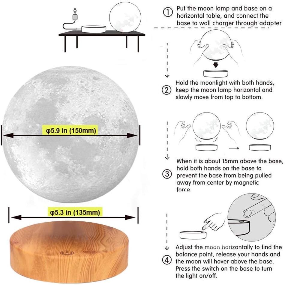 Levitating Moon Lamp,Floating and Spinning in Air Freely with 3D Printing LED Moon Lamp Has 20 Modes for Unique Gifts,Room Decor,Night Light,Office Desk Toys (Wooden Base 16 Colors)