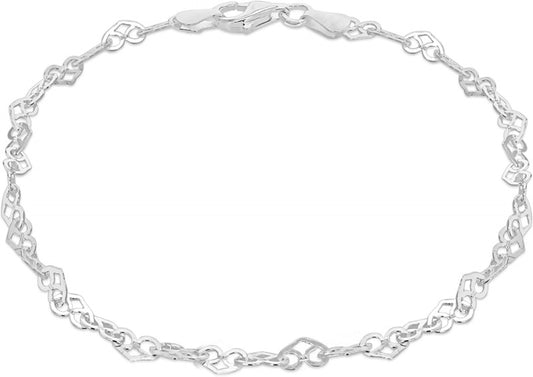 Silver Sterling Silver 3.4mm Patterned Heart Link Bracelet of 19cm/7.5"