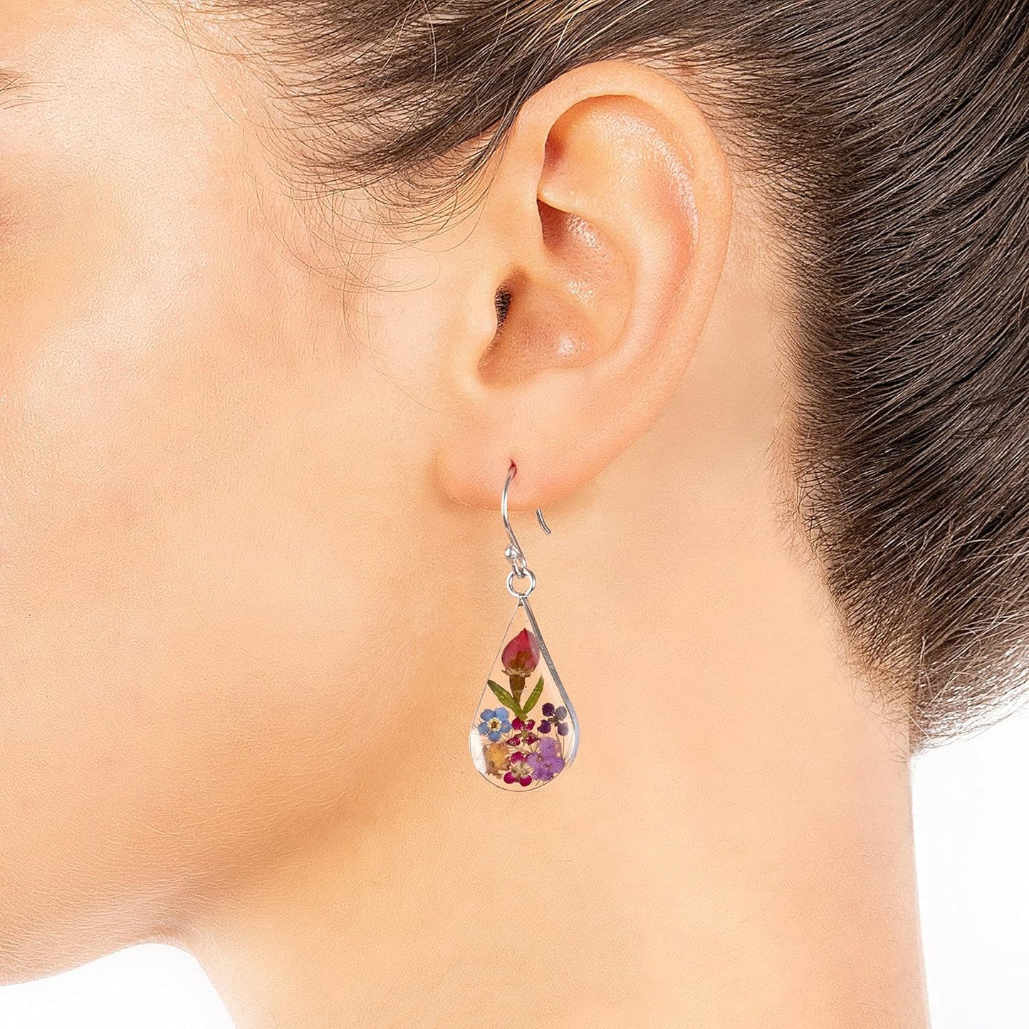Sterling Silver Pressed Flower Teardrop Earrings