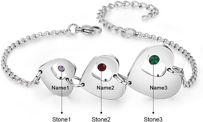 Personalized Custom Name Heart Bracelet with 1-6 Birthstones Love Bracelet for Women Engraved Names Link Bracelets for Mother's Day Mom