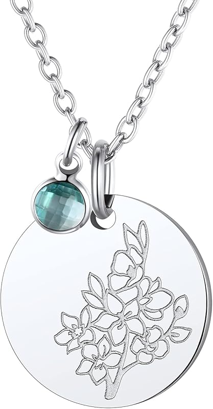 Necklaces for Women with Birthstone Stainless Steel/Gold Plated/Sterling Silver Jan. to Dec. Guardian Month Floral Pendant Custom Engraved Dainty Jewelry + Gift Box