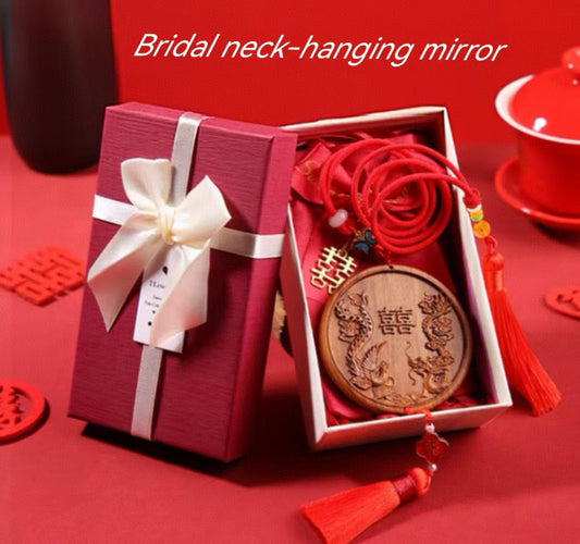 Sandalwood small mirror Chinese style wedding neck mirror brides get married hanging chest happy mirror accompanied by dowry pressure waist mirror wedding neck mirror [dragon and phoenix] with cloth bag gift box