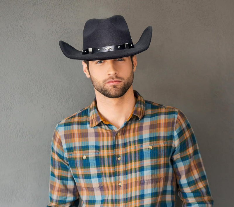 Women Men Classic Felt Wide Brim Western Cowboy Cowgirl Hat with Belt Buckle