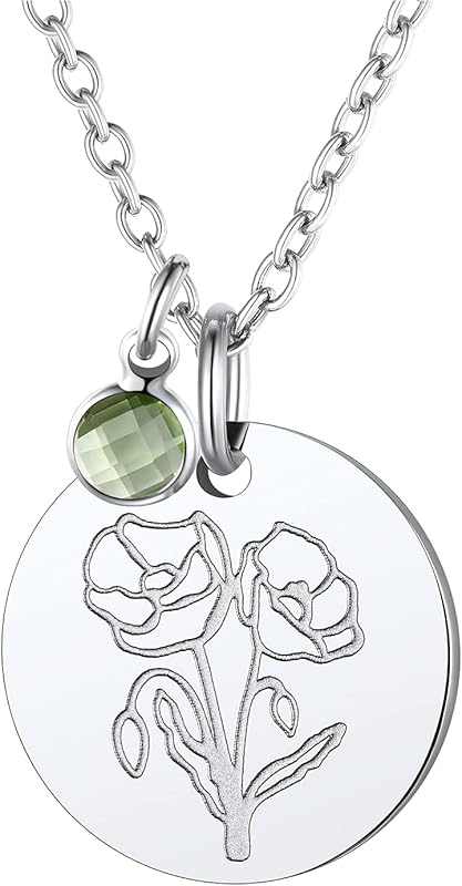 Necklaces for Women with Birthstone Stainless Steel/Gold Plated/Sterling Silver Jan. to Dec. Guardian Month Floral Pendant Custom Engraved Dainty Jewelry + Gift Box