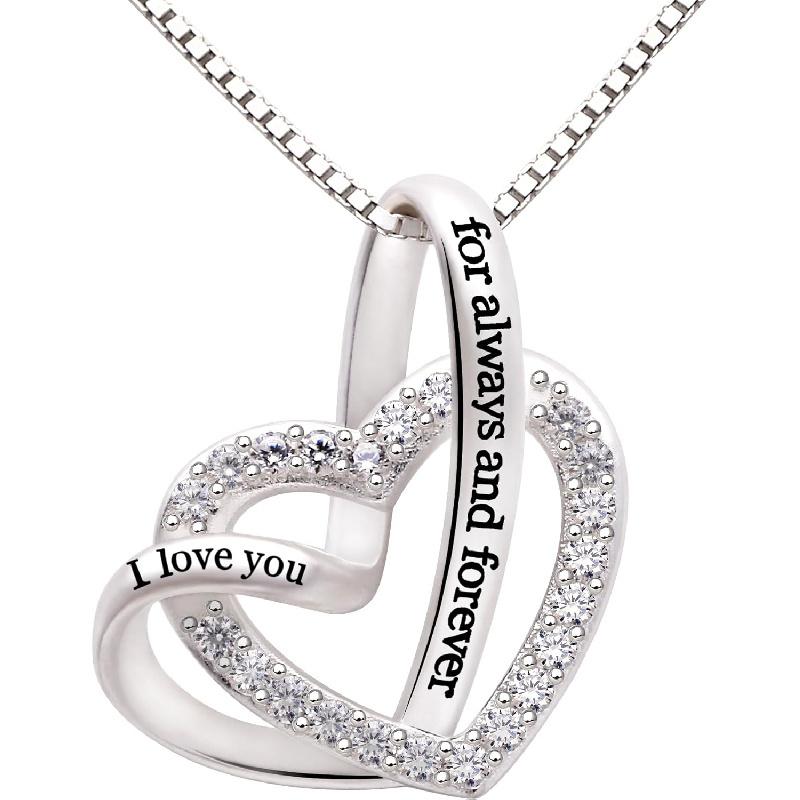 Jewelry Sterling Silver "I love you for always and forever" Love Heart Cubic Zirconia Necklace