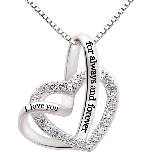 Jewelry Sterling Silver "I love you for always and forever" Love Heart Cubic Zirconia Necklace