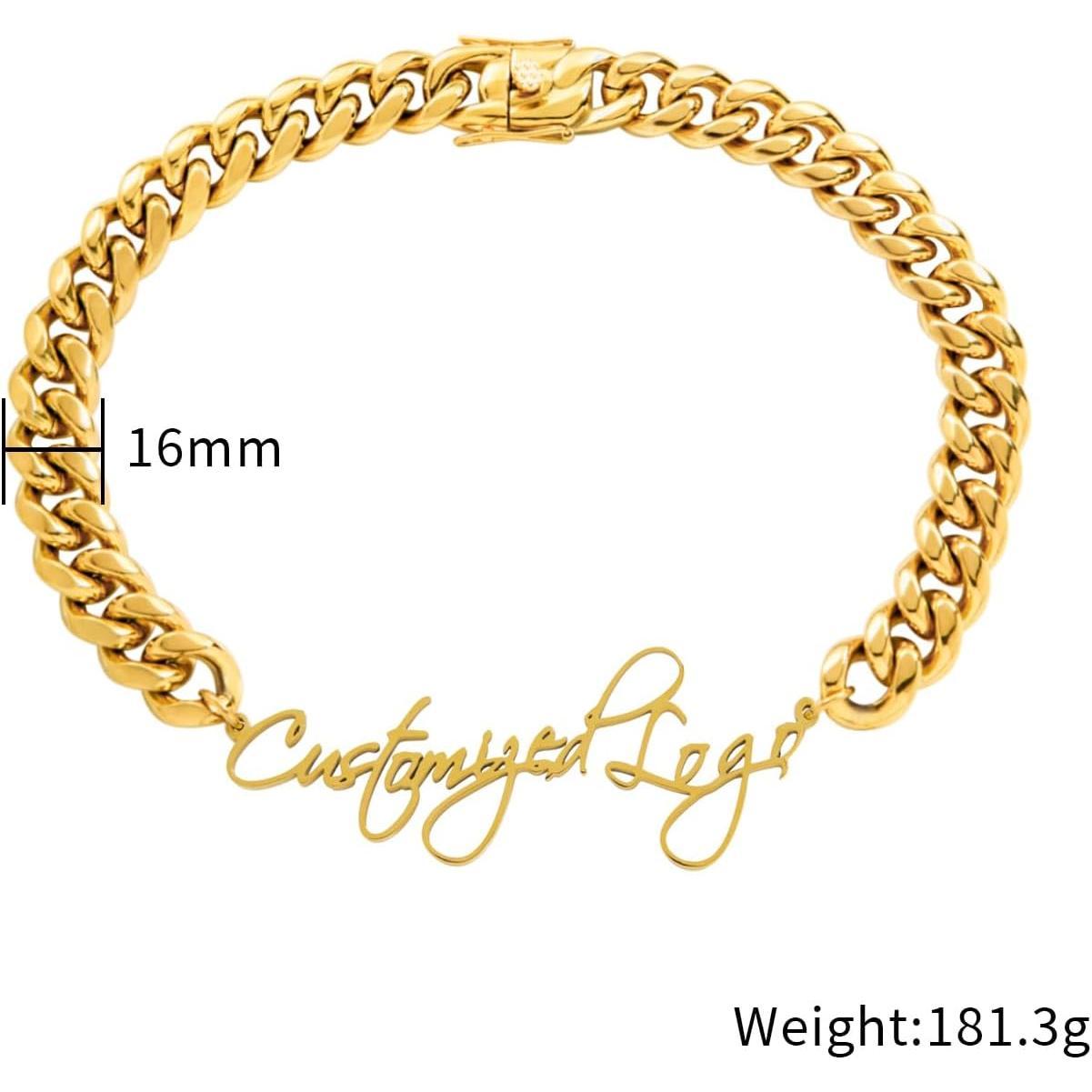18K Gold Plated Stainless Steel Cuban Link Chain Necklace, Personalized Custom Monogram, High Polish, Waterproof