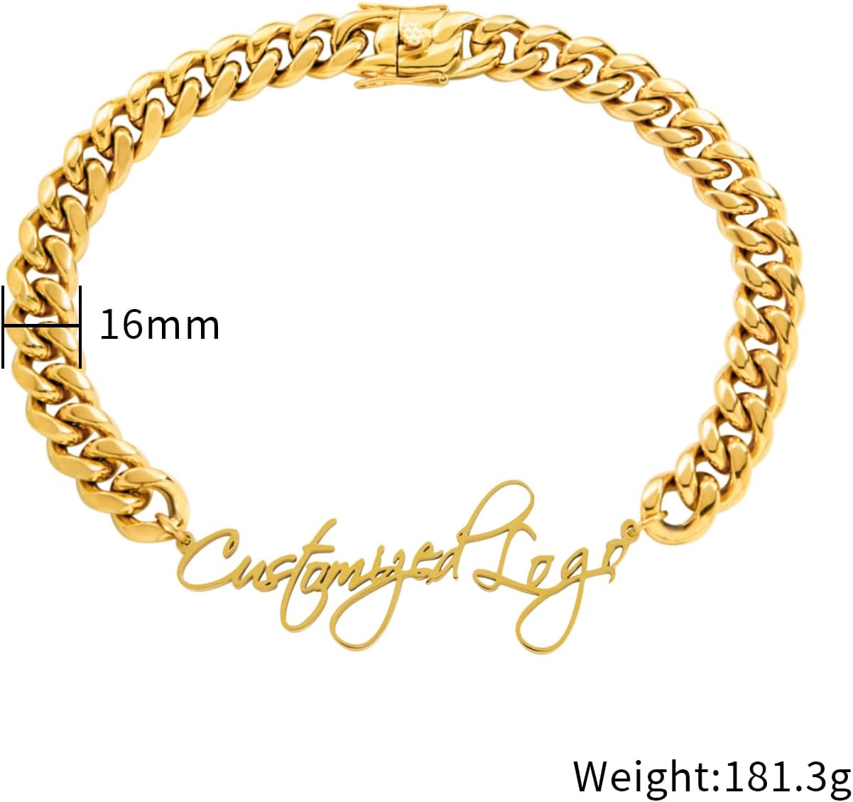 18K Gold Plated Stainless Steel Cuban Link Chain Necklace, Personalized Custom Monogram, High Polish, Waterproof