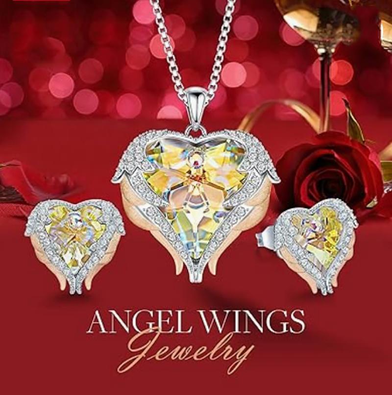 Mother's Day Gift Angel Wings Love Necklace and Earrings Silver/Gold Jewelry Set Birthday/Christmas/Anniversary Valentine's Day Jewelry Gift for Female Mother/Wife/Sister/Good Friend